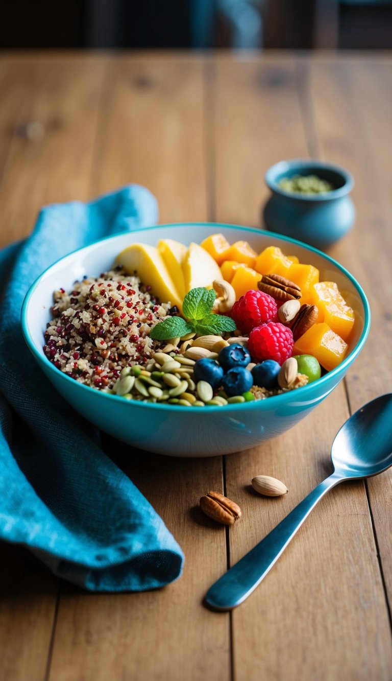 A colorful breakfast bowl filled with quinoa, fresh fruits, nuts, and seeds, sitting on a wooden table with a spoon beside it