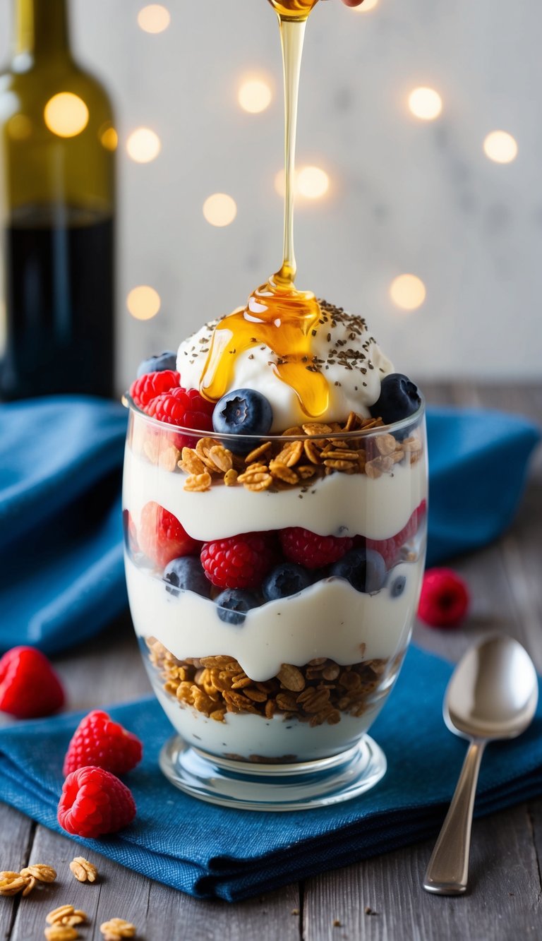 A glass parfait dish filled with layers of Greek yogurt, granola, and fresh berries, topped with a drizzle of honey and a sprinkle of chia seeds
