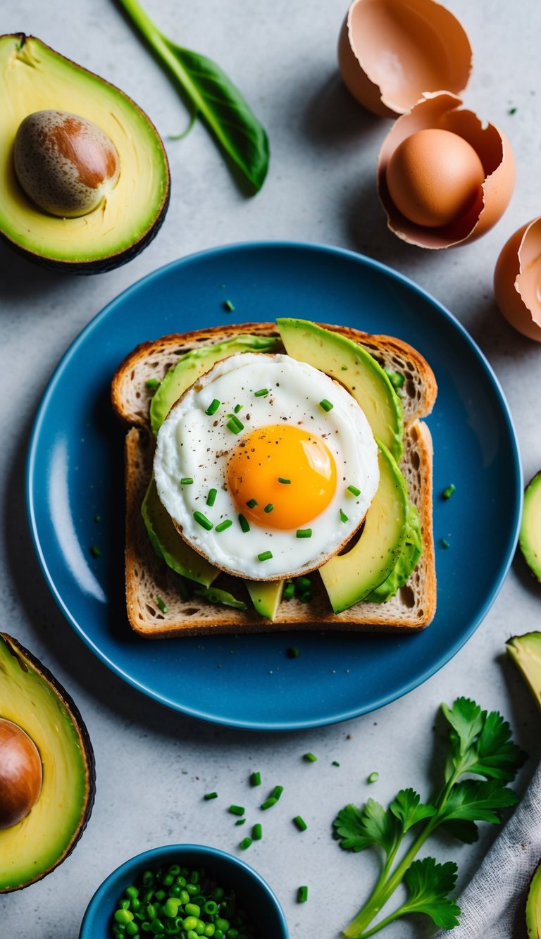 A plate with a slice of avocado and egg toast, surrounded by ingredients like avocado, eggs, and high-protein foods