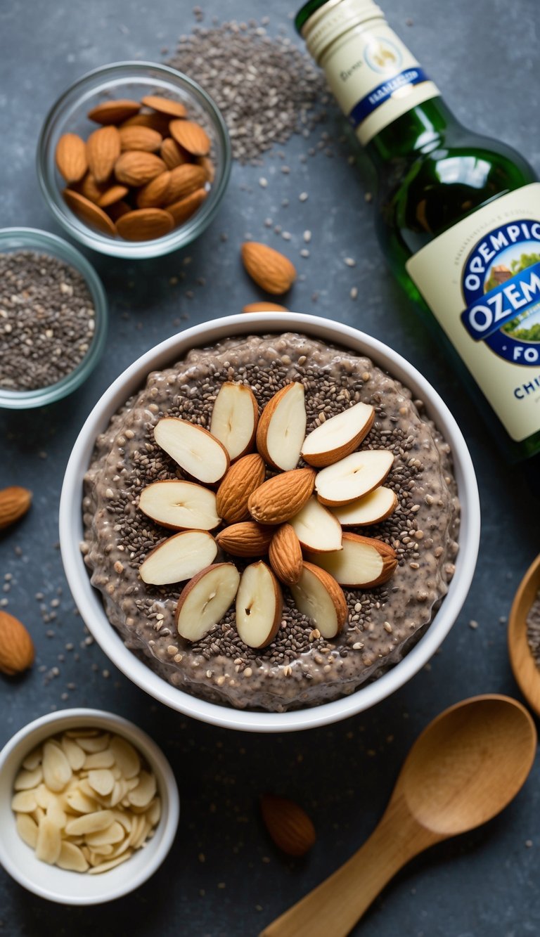 A bowl of chia seed pudding topped with sliced almonds, surrounded by ingredients such as chia seeds, almonds, and a bottle of Ozempic