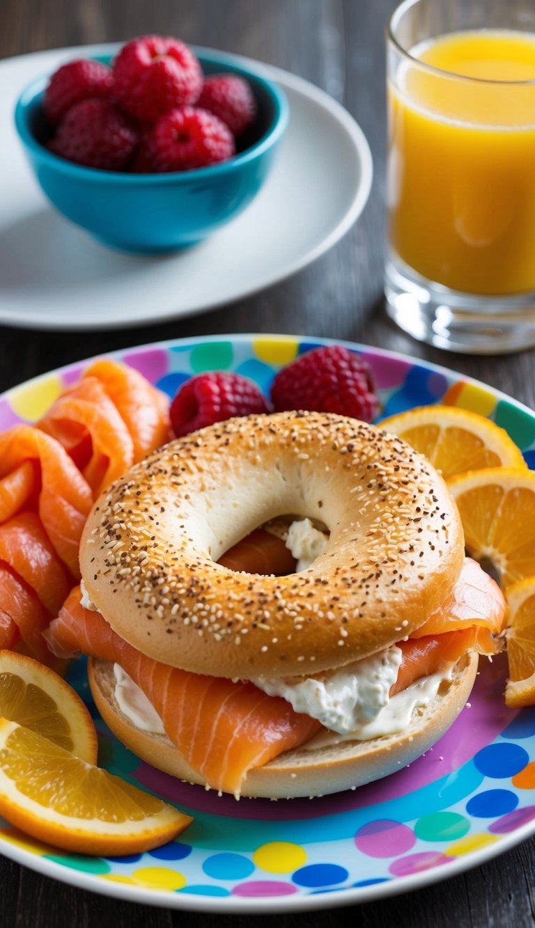 A colorful plate with a toasted bagel topped with smoked salmon and cream cheese, surrounded by fresh fruits and a glass of orange juice