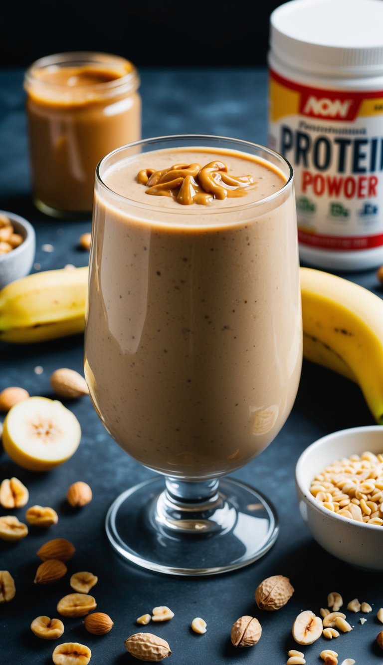 A tall glass filled with a creamy peanut butter and banana smoothie, surrounded by scattered ingredients like nuts, fruit, and a protein powder container
