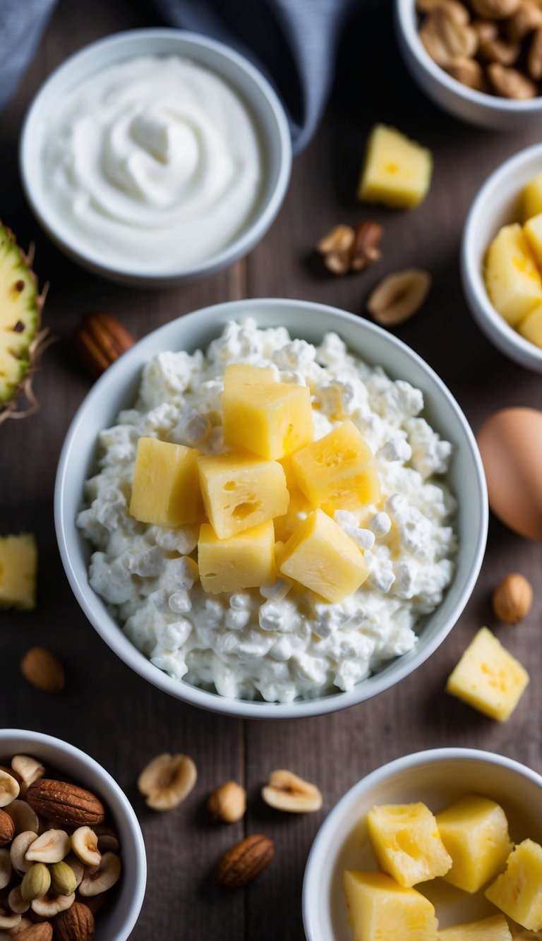 A bowl of cottage cheese topped with pineapple chunks, surrounded by other high-protein breakfast items like eggs, nuts, and yogurt