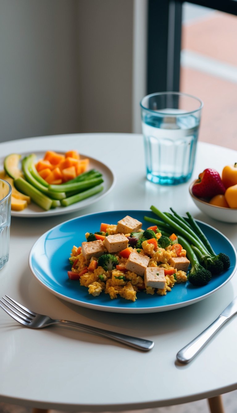 A colorful plate of tofu scramble with assorted vegetables, accompanied by a side of fruit and a glass of water, set on a clean, modern breakfast table