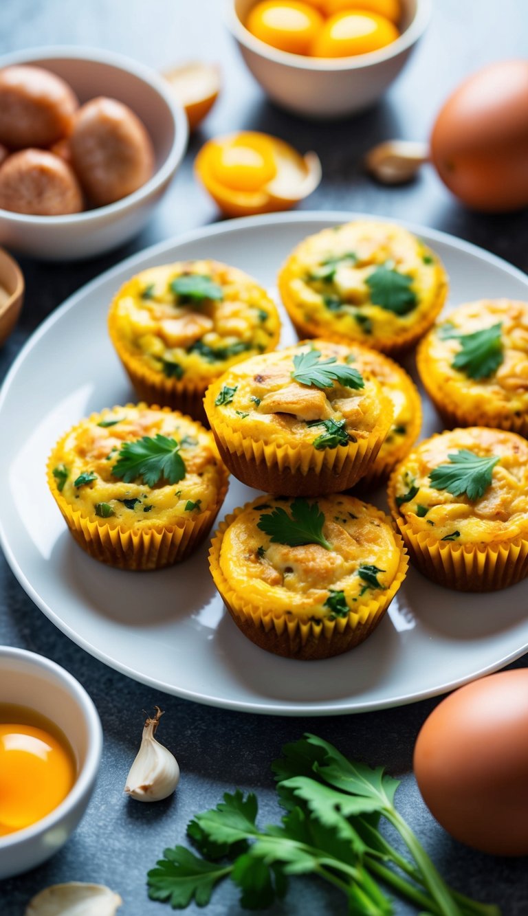 A plate of chicken sausage and egg muffins surrounded by high-protein breakfast ingredients