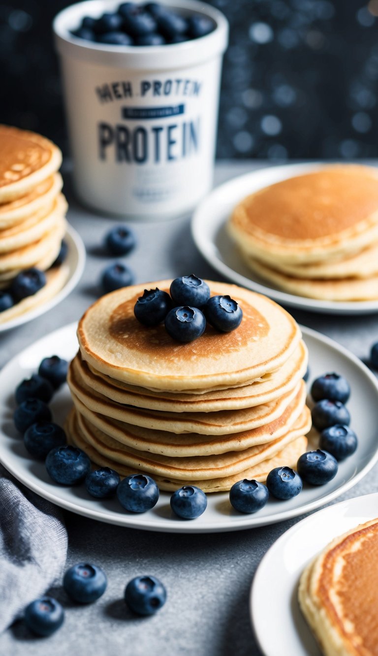 A plate of protein pancakes topped with blueberries, surrounded by other high-protein breakfast items