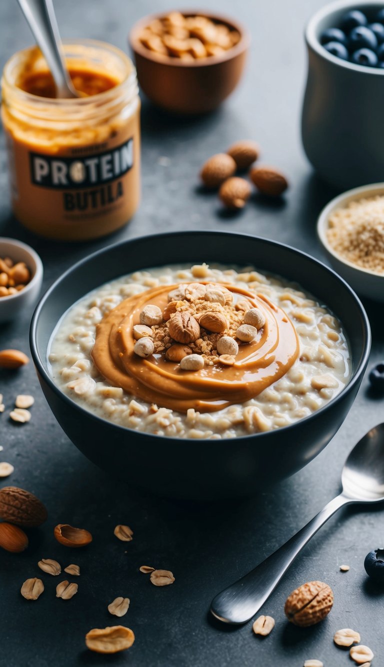 A bowl of oatmeal topped with peanut butter and protein powder sits on a table, surrounded by ingredients like nuts, berries, and a spoon