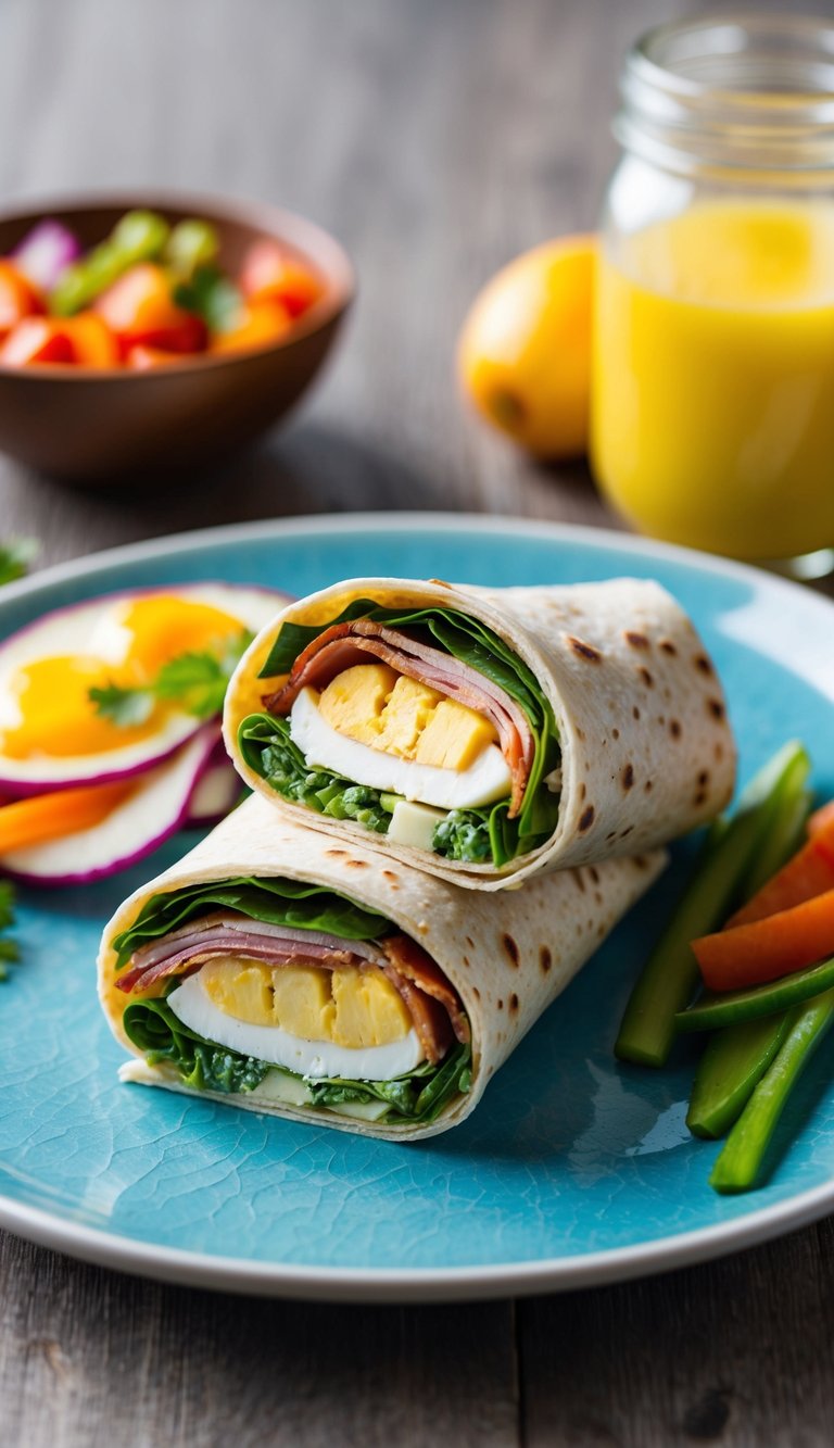 A colorful breakfast wrap with turkey bacon, egg whites, and vibrant veggies on a plate