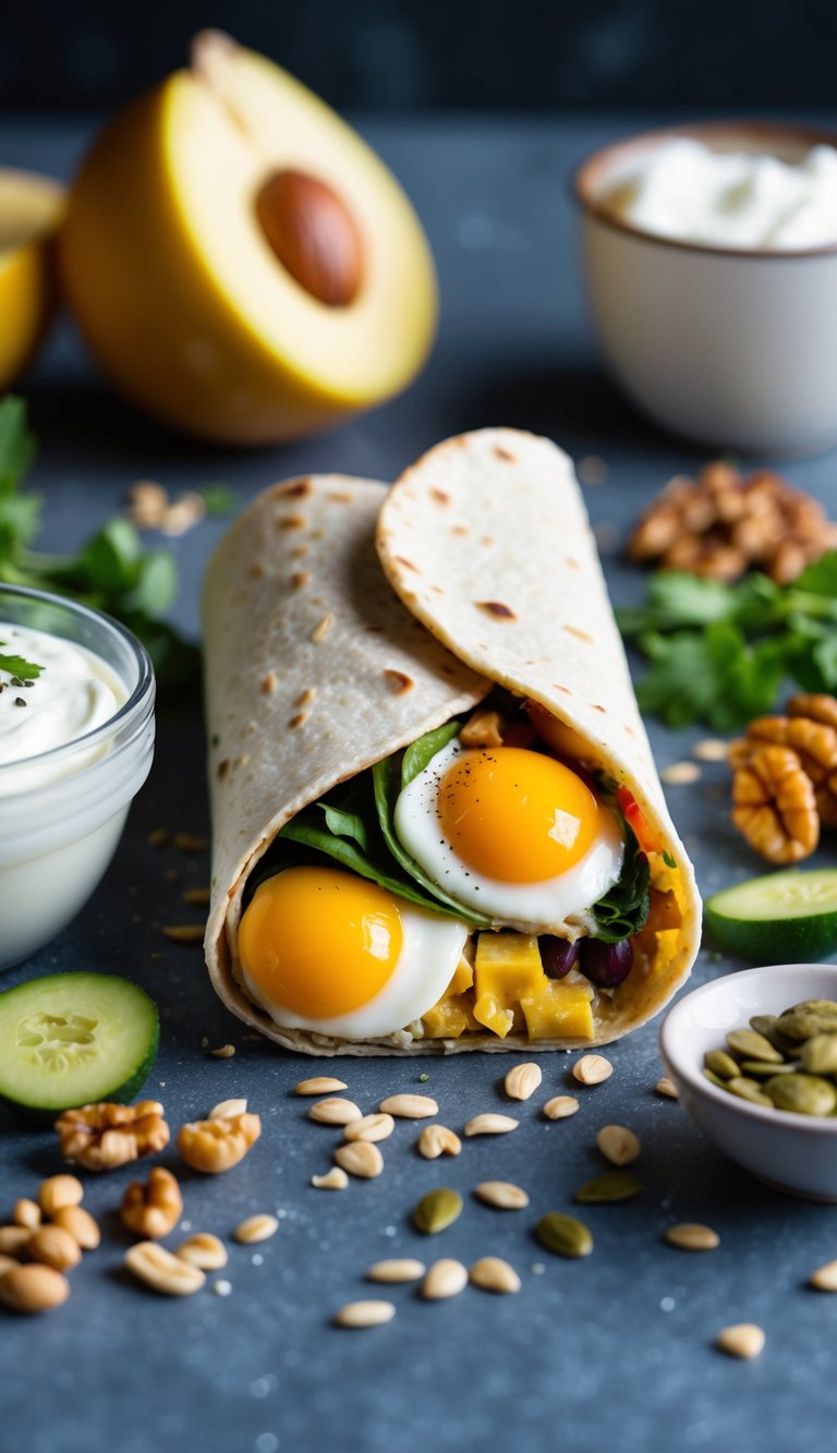 A breakfast burrito filled with eggs and vegetables, surrounded by high-protein ingredients like Greek yogurt, nuts, and seeds