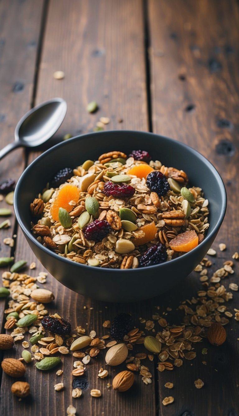 A bowl of muesli with nuts, seeds, and dried fruit sits on a wooden table, surrounded by a scattering of ingredients and a spoon