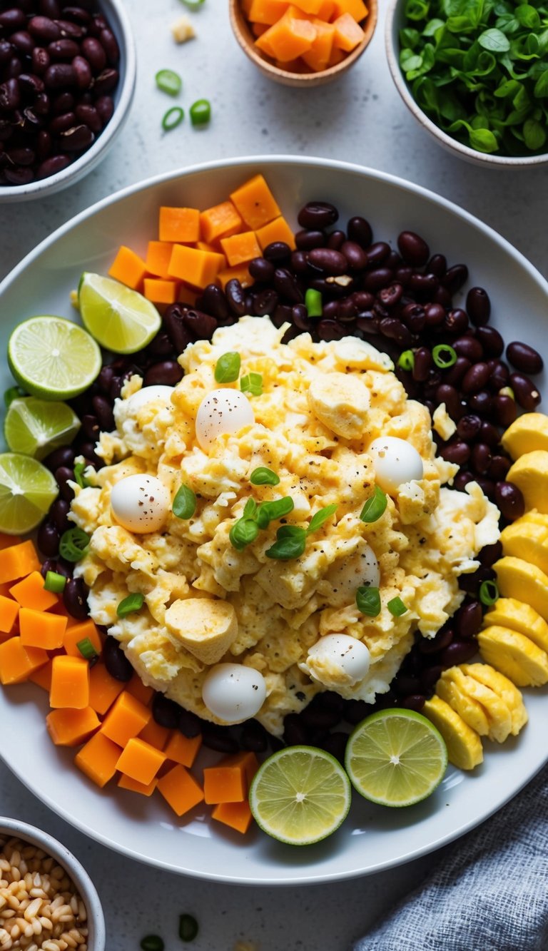 A plate of scrambled eggs and black beans surrounded by various high-protein breakfast items