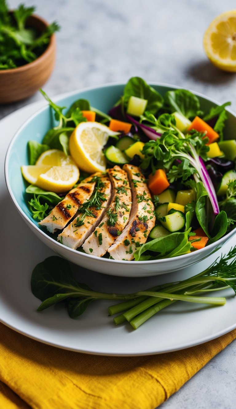 A colorful salad bowl with grilled lemon herb chicken, mixed greens, and vibrant vegetables, served on a clean, modern plate