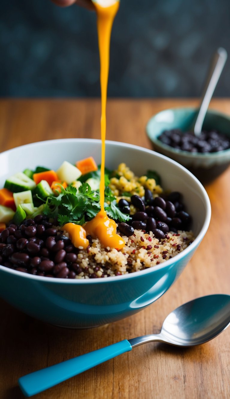 A colorful bowl filled with quinoa, black beans, and assorted vegetables, topped with a drizzle of savory sauce