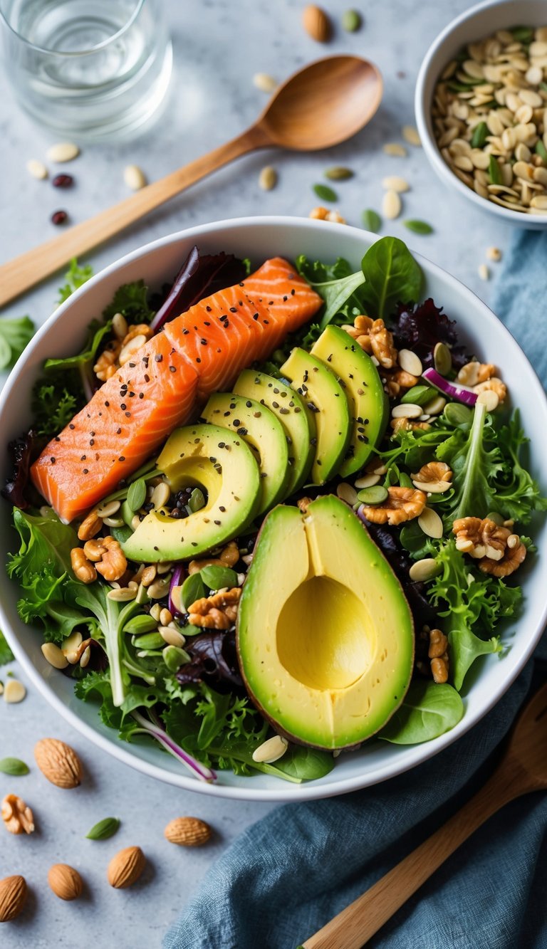 A colorful salad bowl with salmon, avocado, and mixed greens, surrounded by high-protein ingredients like nuts and seeds