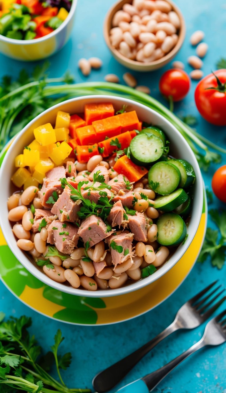 A colorful bowl filled with tuna, white beans, and fresh vegetables, surrounded by vibrant ingredients and a fork