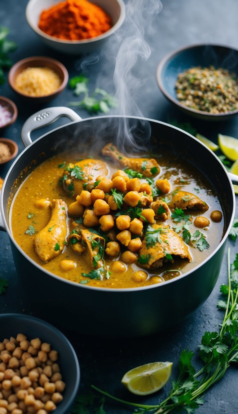 A steaming pot of chicken and chickpea curry surrounded by vibrant spices and herbs, with a bowl of high-protein ingredients nearby