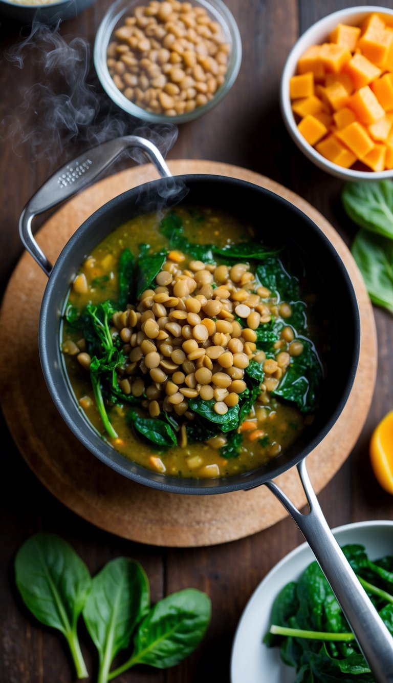 A steaming pot of lentil and spinach stew surrounded by high protein ingredients
