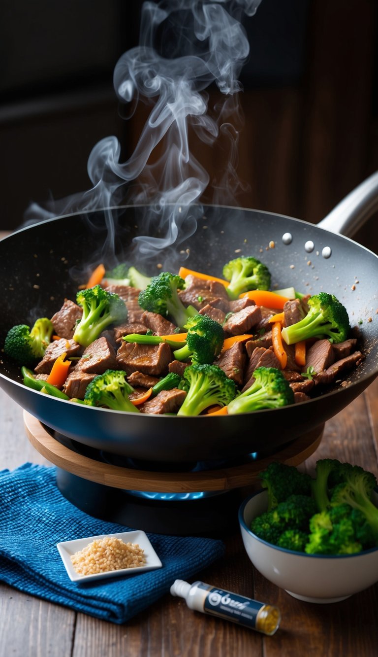 A sizzling wok filled with beef, broccoli, and vibrant vegetables, emitting aromatic steam. A bowl of high-protein stir-fry sits next to a vial of 21 Ozempic