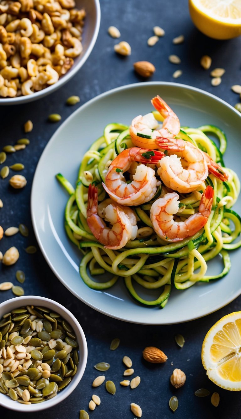 A colorful plate of zucchini noodles topped with juicy shrimp, surrounded by high-protein ingredients like nuts and seeds