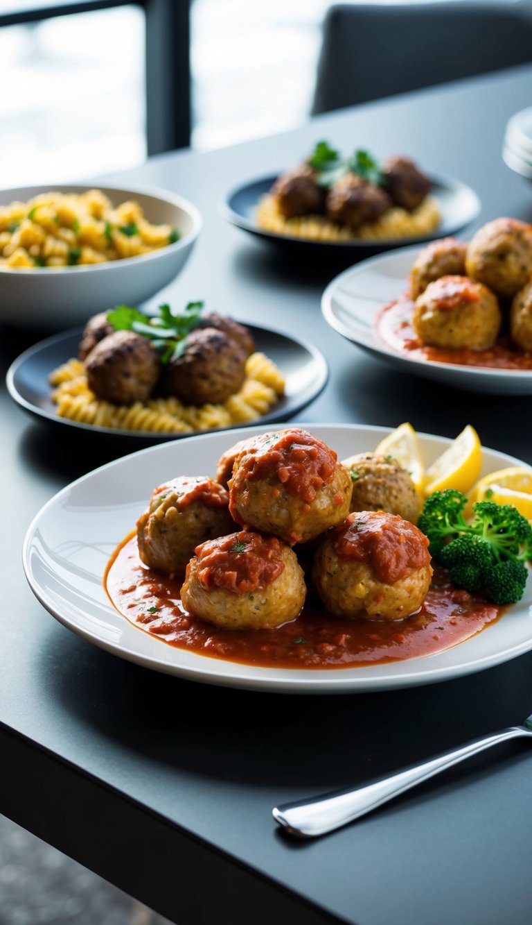 A plate of turkey meatballs in marinara sauce, accompanied by high-protein side dishes, is arranged on a sleek, modern table setting