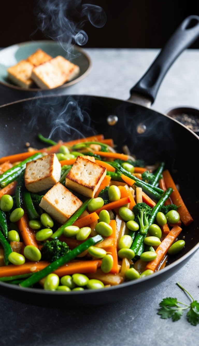 A sizzling stir-fry pan filled with tofu, edamame, and vibrant vegetables, emitting a mouthwatering aroma