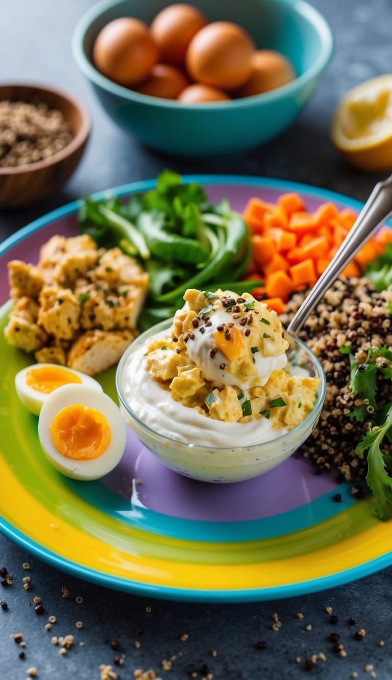 A colorful plate with a scoop of egg salad mixed with Greek yogurt, surrounded by high-protein ingredients like chicken, quinoa, and vegetables
