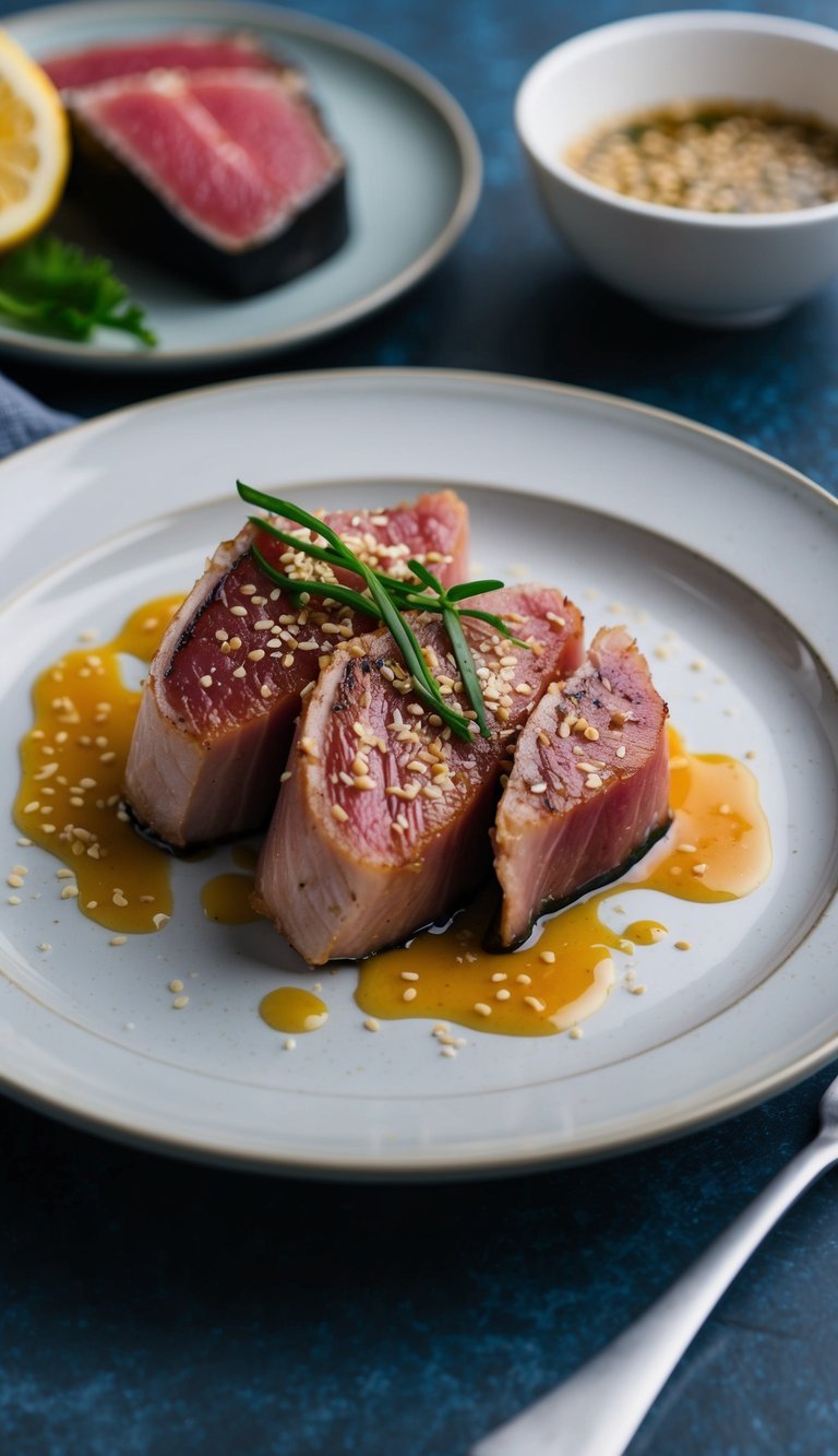 A plate of seared ahi tuna with sesame soy dressing, accompanied by high protein lunch recipes