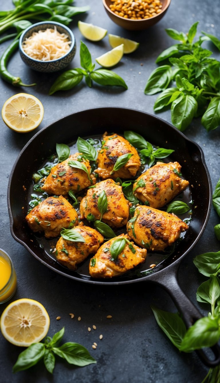 A sizzling skillet of Spicy Thai Basil Chicken with vibrant herbs and high-protein ingredients