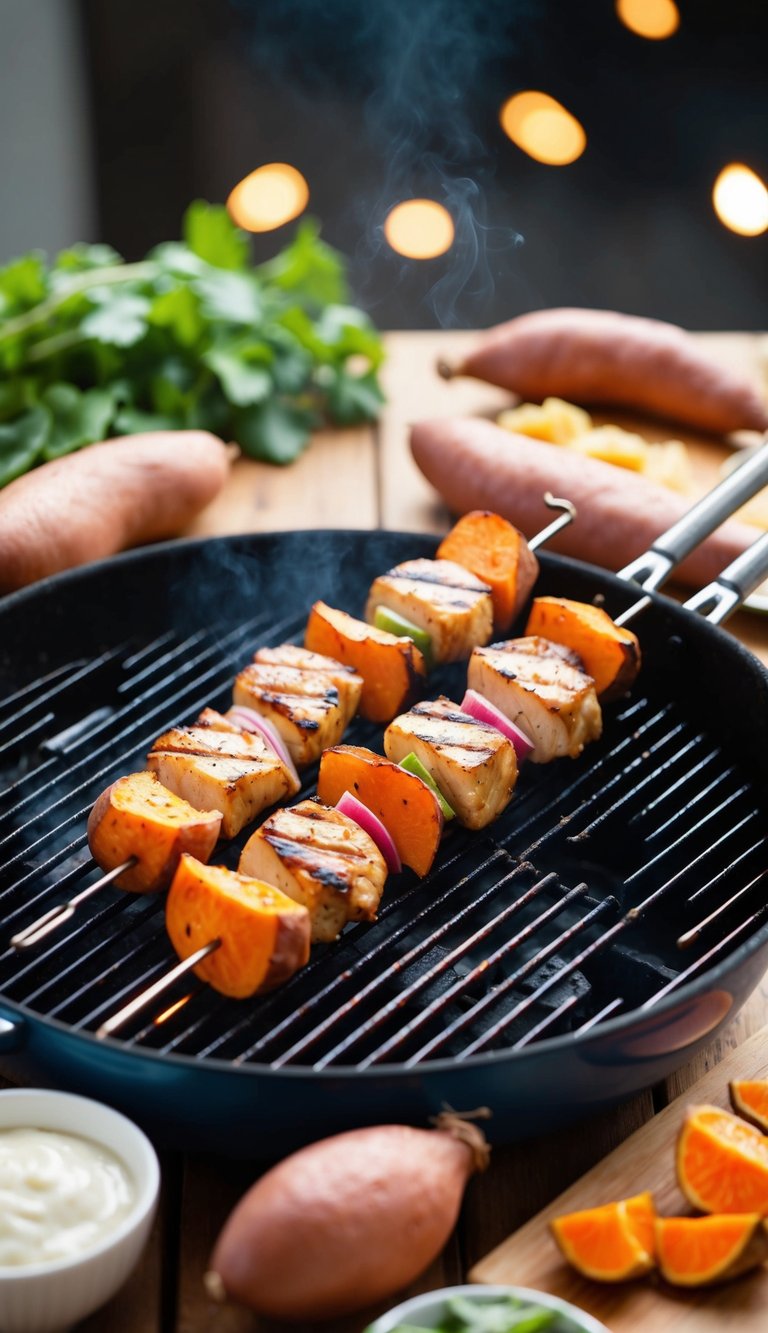 A sizzling BBQ grill with skewers of chicken and sweet potato, surrounded by high-protein lunch ingredients