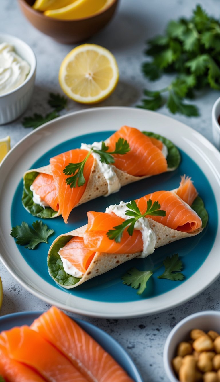 A plate with smoked salmon and cream cheese wraps, surrounded by high protein lunch ingredients