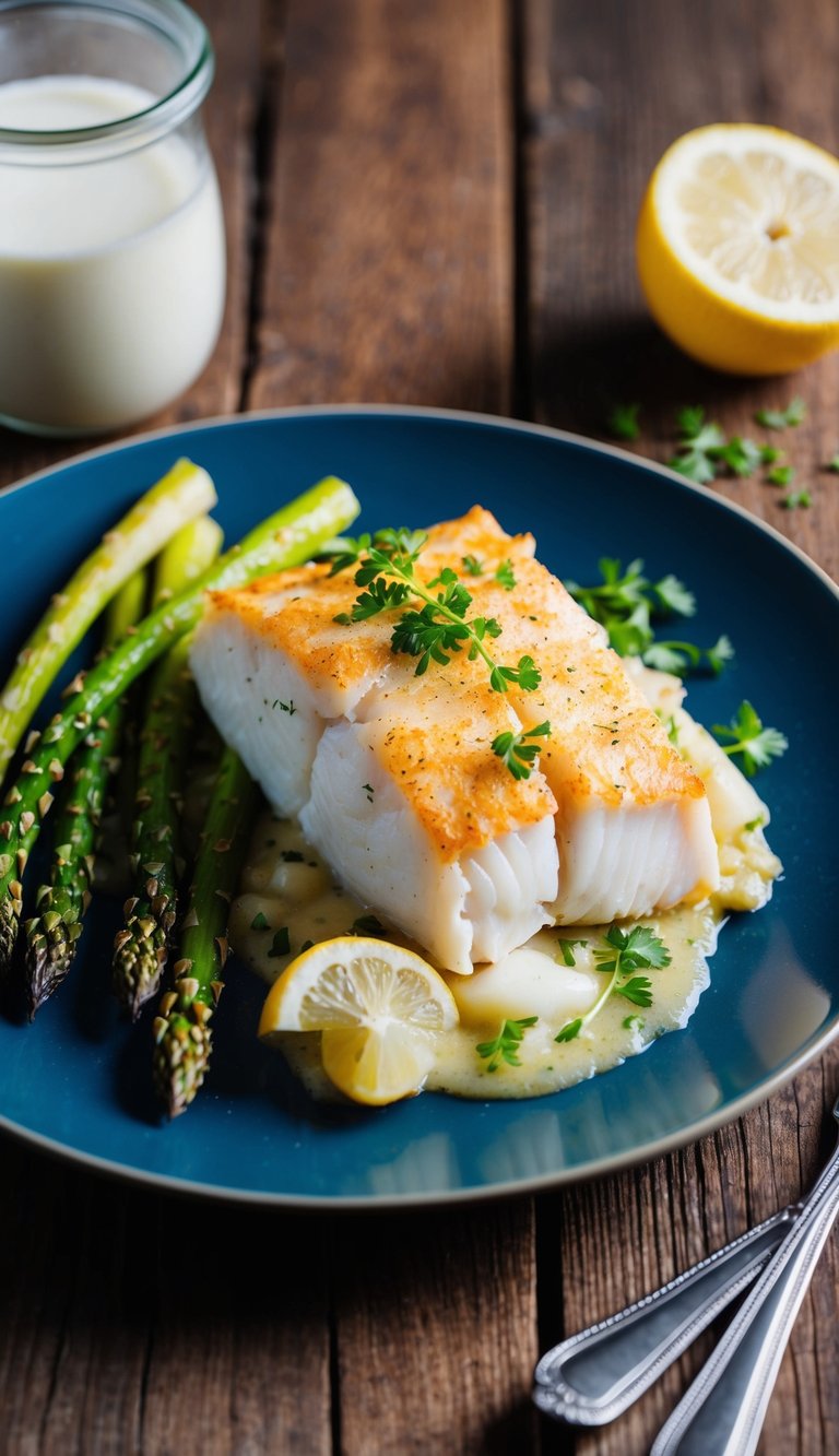 A plate of baked cod and asparagus with a side of high-protein lunch recipes