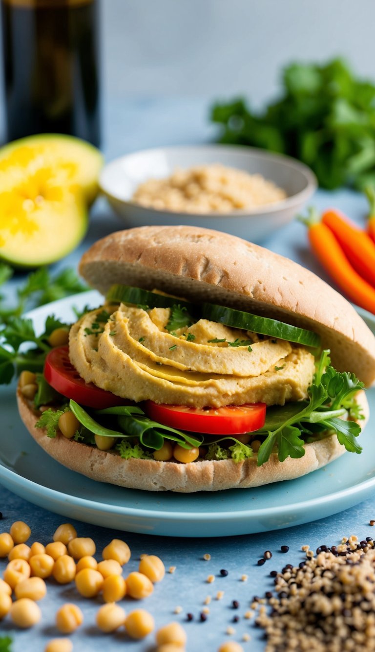 A colorful pita sandwich filled with hummus and fresh vegetables, surrounded by high-protein ingredients like chickpeas and quinoa
