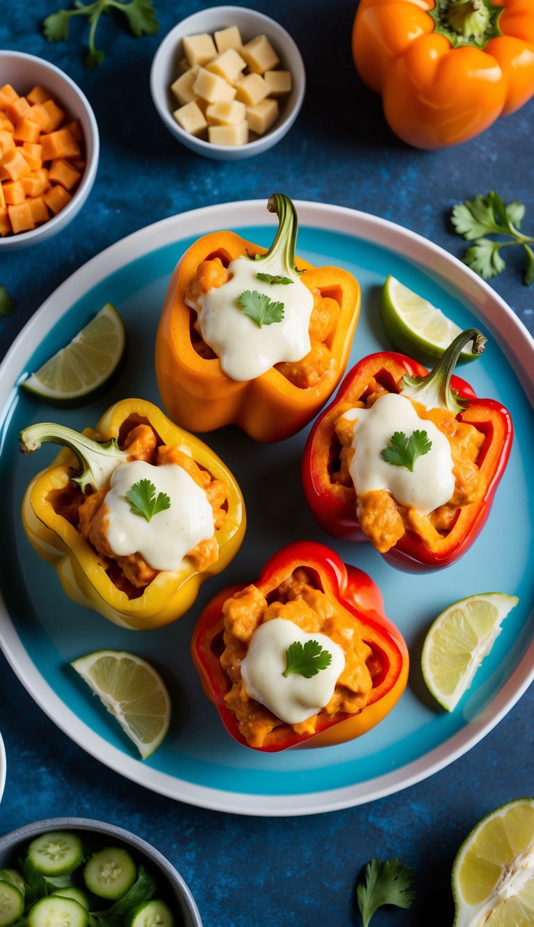 A colorful plate with three stuffed bell peppers, filled with buffalo chicken and topped with melted cheese, surrounded by high-protein lunch ingredients