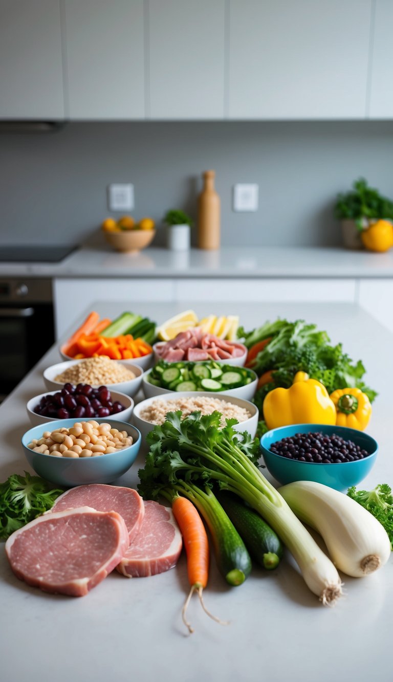 A colorful array of high-protein lunch ingredients, including lean meats, vegetables, and legumes, arranged on a clean, modern kitchen countertop