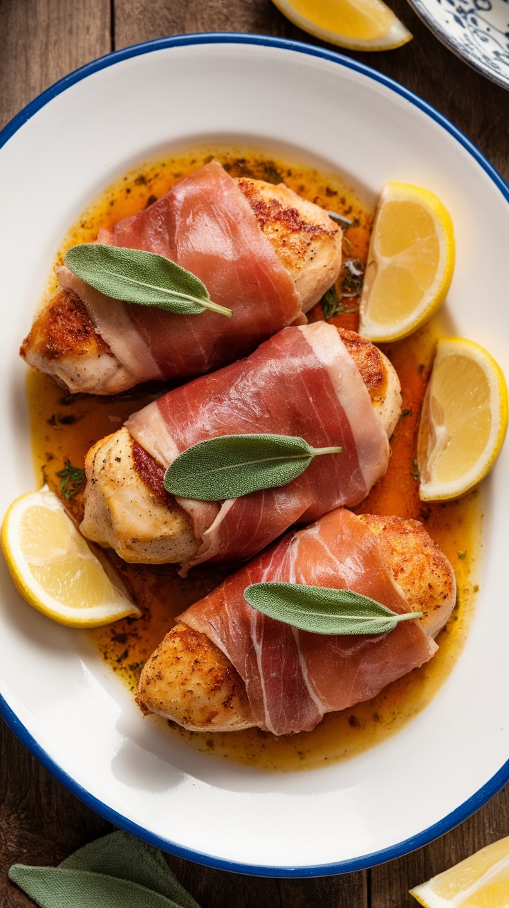 Prosciutto-Wrapped Chicken Saltimbocca with sage butter sauce, garnished with sage leaves and lemon wedges.