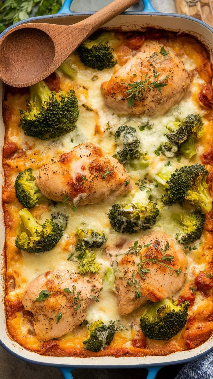 Creamy Tuscan Chicken and Broccoli Bake Recipe (Low Carb) A cheesy Tuscan chicken and broccoli bake in a casserole dish, featuring chicken, broccoli, and melted cheese.