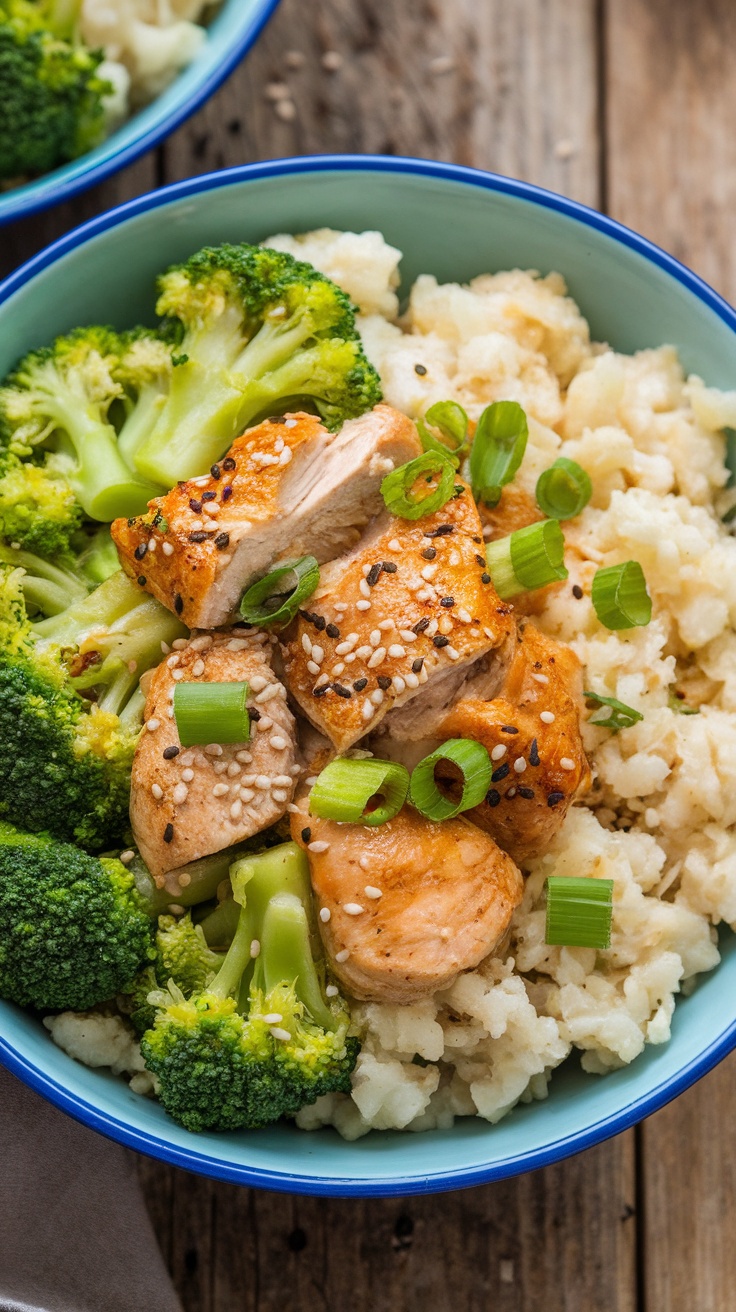 Low-Carb Chicken and Broccoli Cauliflower Rice Bowl A colorful low-carb chicken and broccoli cauliflower rice bowl served with sesame seeds and green onions on a wooden table.