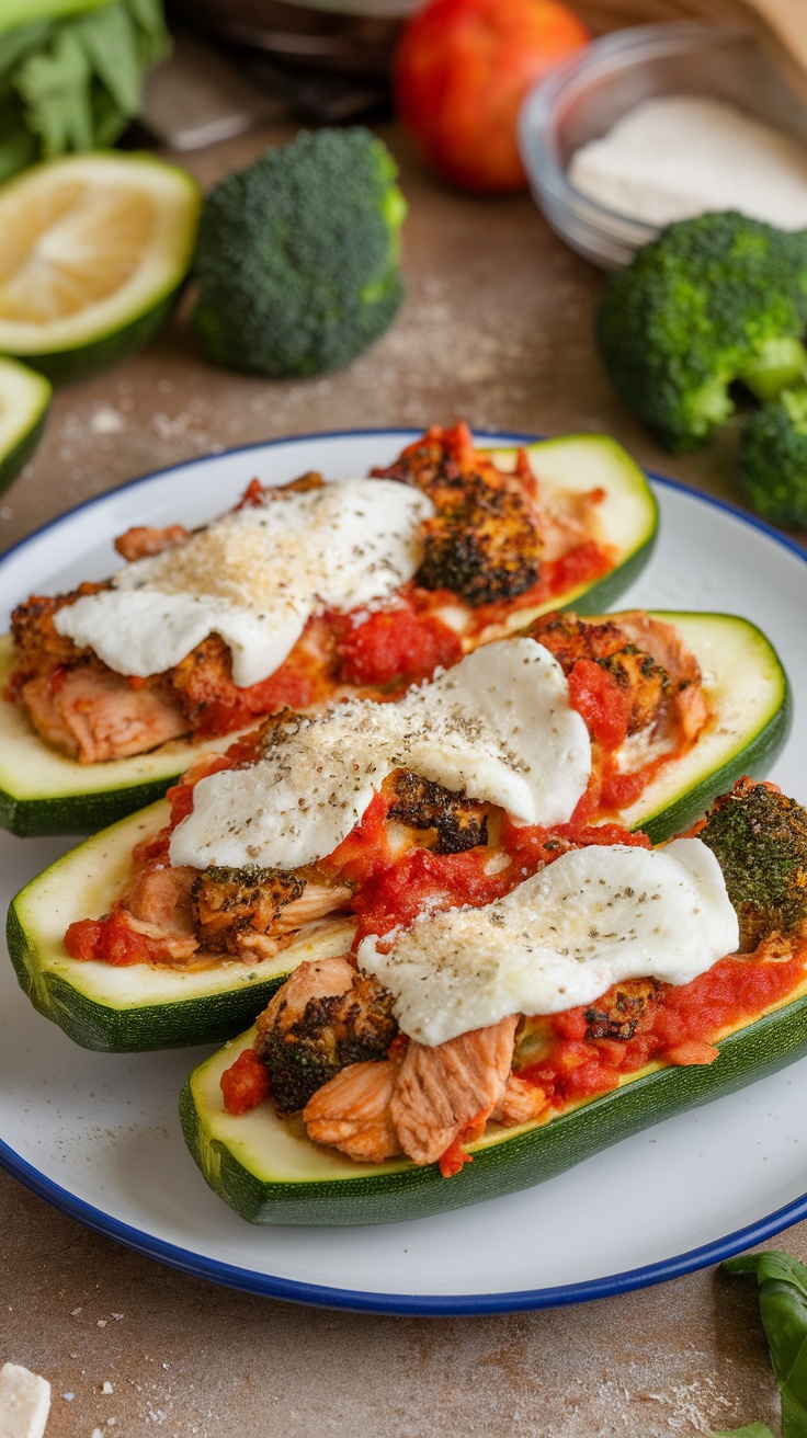 Keto Chicken and Broccoli Zucchini Boats Keto chicken and broccoli zucchini boats topped with melted cheese and Italian seasoning on a rustic plate.