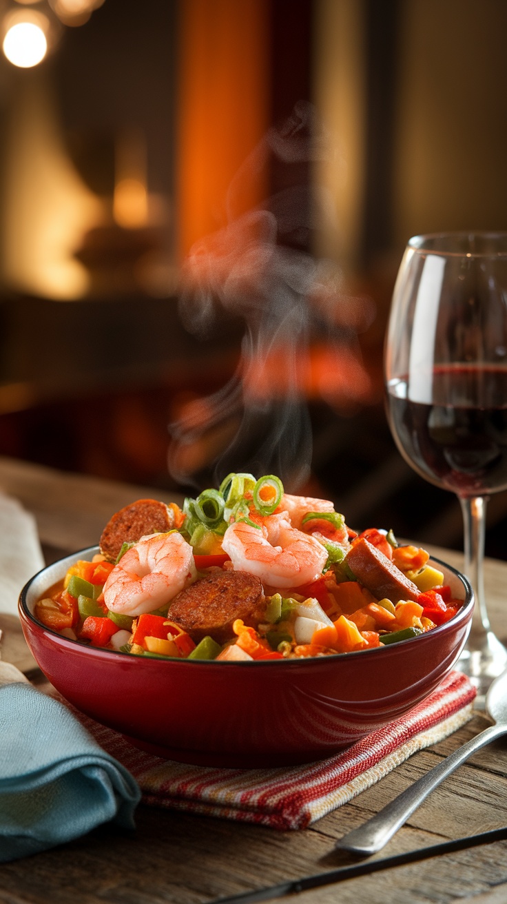 Spicy Cajun Shrimp and Andouille Sausage Jambalaya Cajun Shrimp and Andouille Sausage Jambalaya served in a bowl with green onions, alongside a glass of red wine.