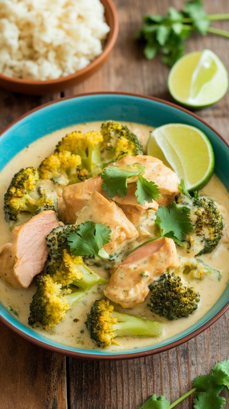 Low-Carb Chicken and Broccoli Coconut Curry A bowl of low-carb chicken and broccoli coconut curry garnished with cilantro and lime, served with cauliflower rice.