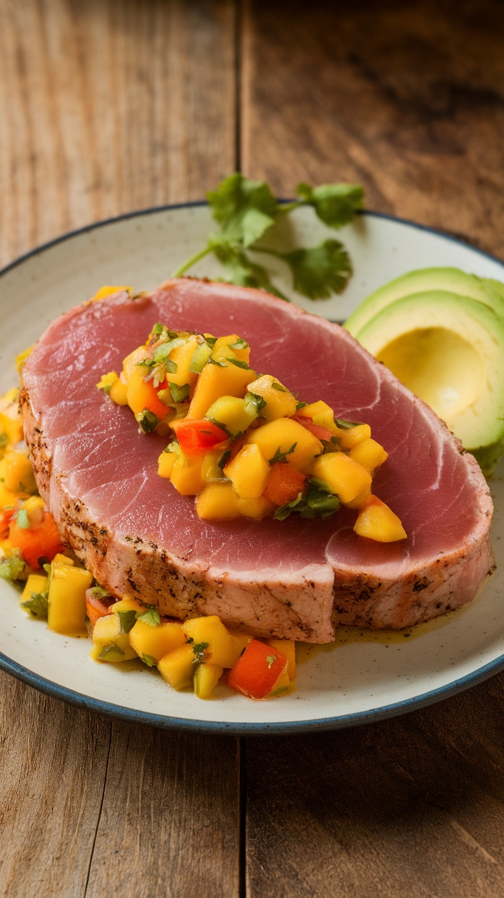 Seared Ahi Tuna Steak with Refreshing Mango Salsa Seared ahi tuna steak with mango salsa and avocado on a rustic table.