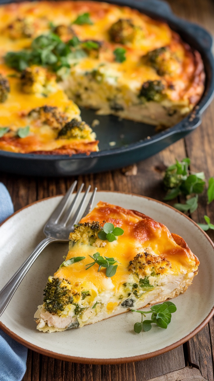 Keto Chicken Broccoli Frittata Recipe Keto Chicken Broccoli Frittata with cheddar cheese, broccoli, and chicken on a wooden table.
