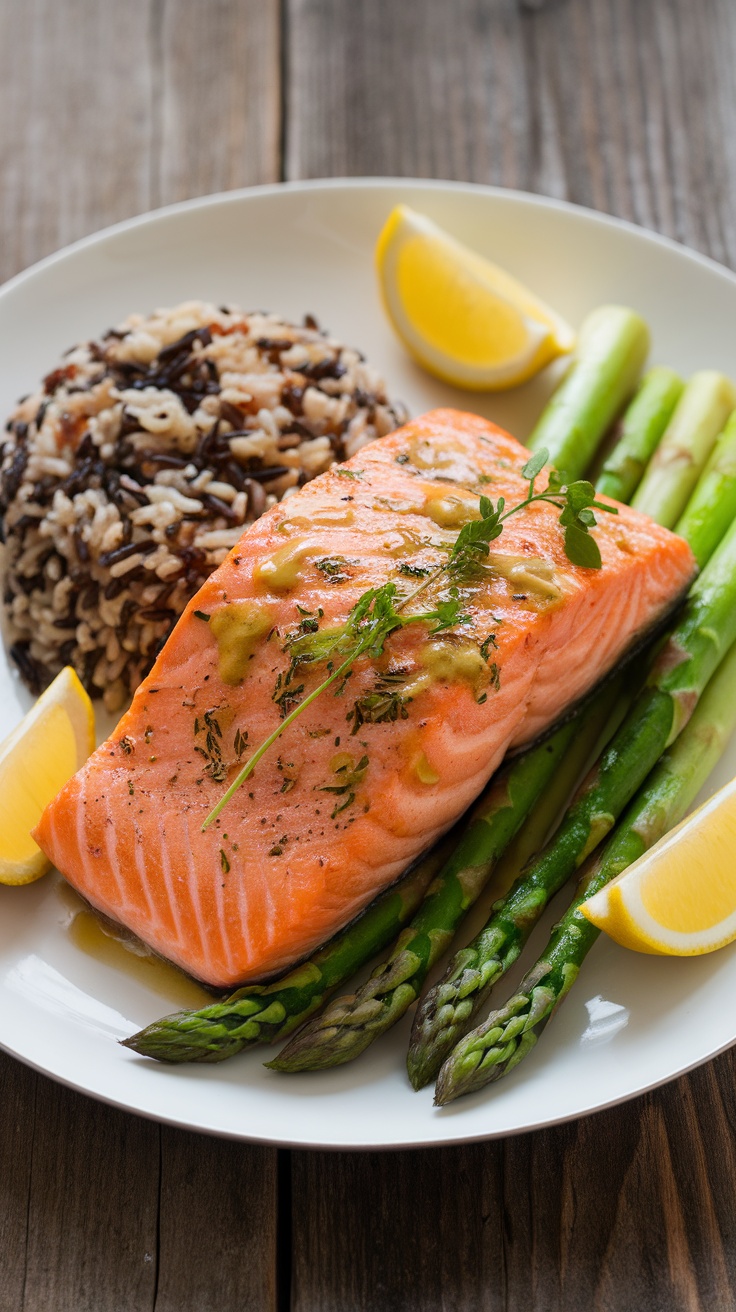 Honey mustard glazed salmon with asparagus and wild rice on a rustic table.