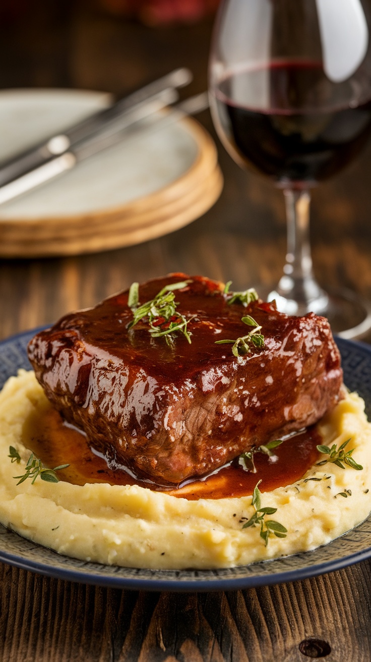 Tender Red Wine Braised Short Ribs with Garlic Mashed Potatoes Tender short ribs in red wine sauce over garlic mashed potatoes, garnished with herbs, served with a glass of red wine.