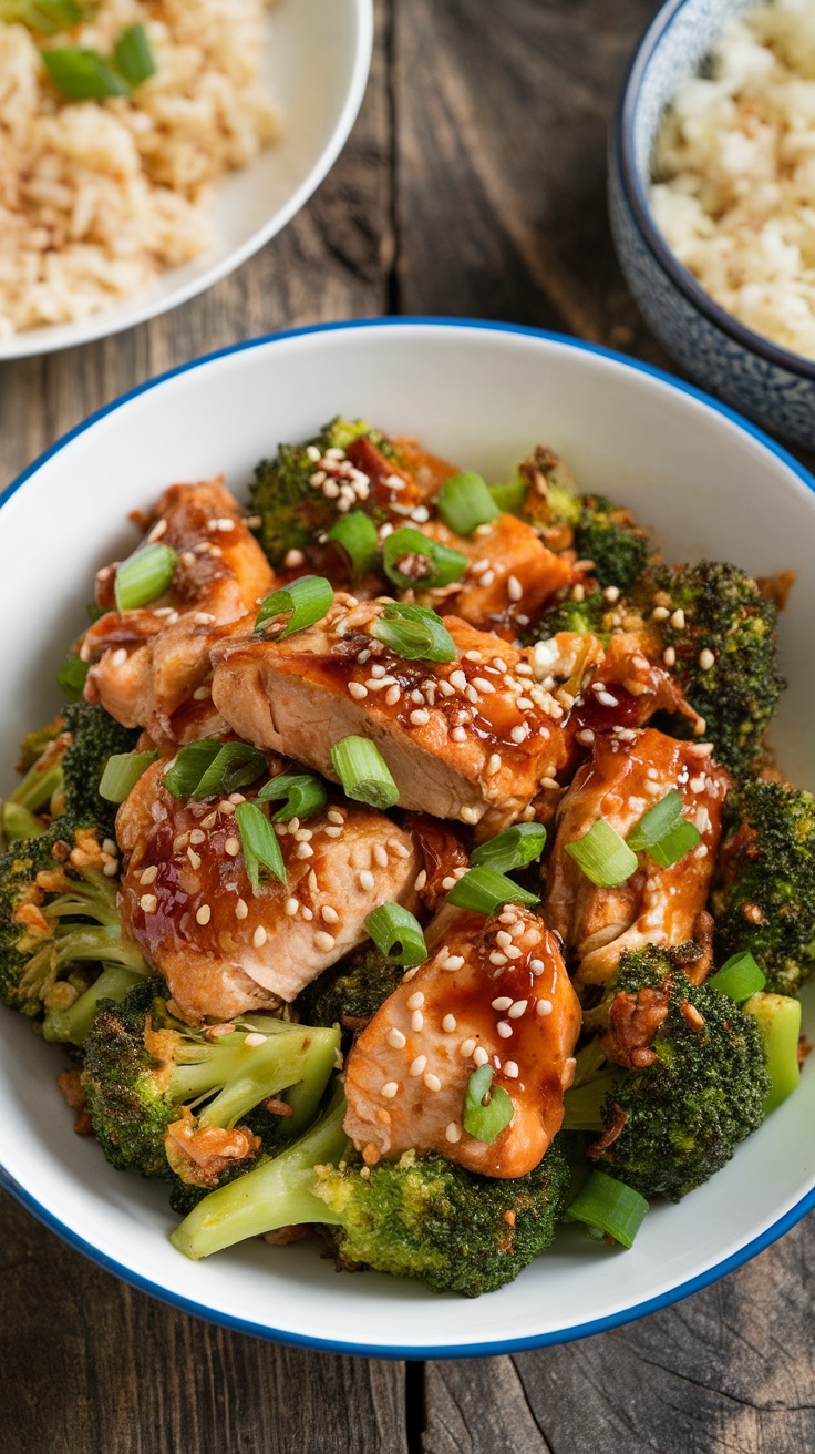 Quick and Easy Chicken & Broccoli Stir-Fry Recipe A colorful Chicken & Broccoli Stir-Fry with chicken, broccoli, and sesame seeds on a wooden table with cauliflower rice.