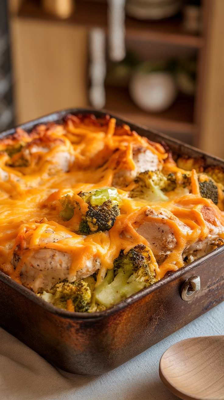 Extra Cheesy Keto Chicken Broccoli Casserole Cheesy chicken broccoli casserole with melted cheddar cheese in a rustic baking dish, surrounded by a cozy kitchen.