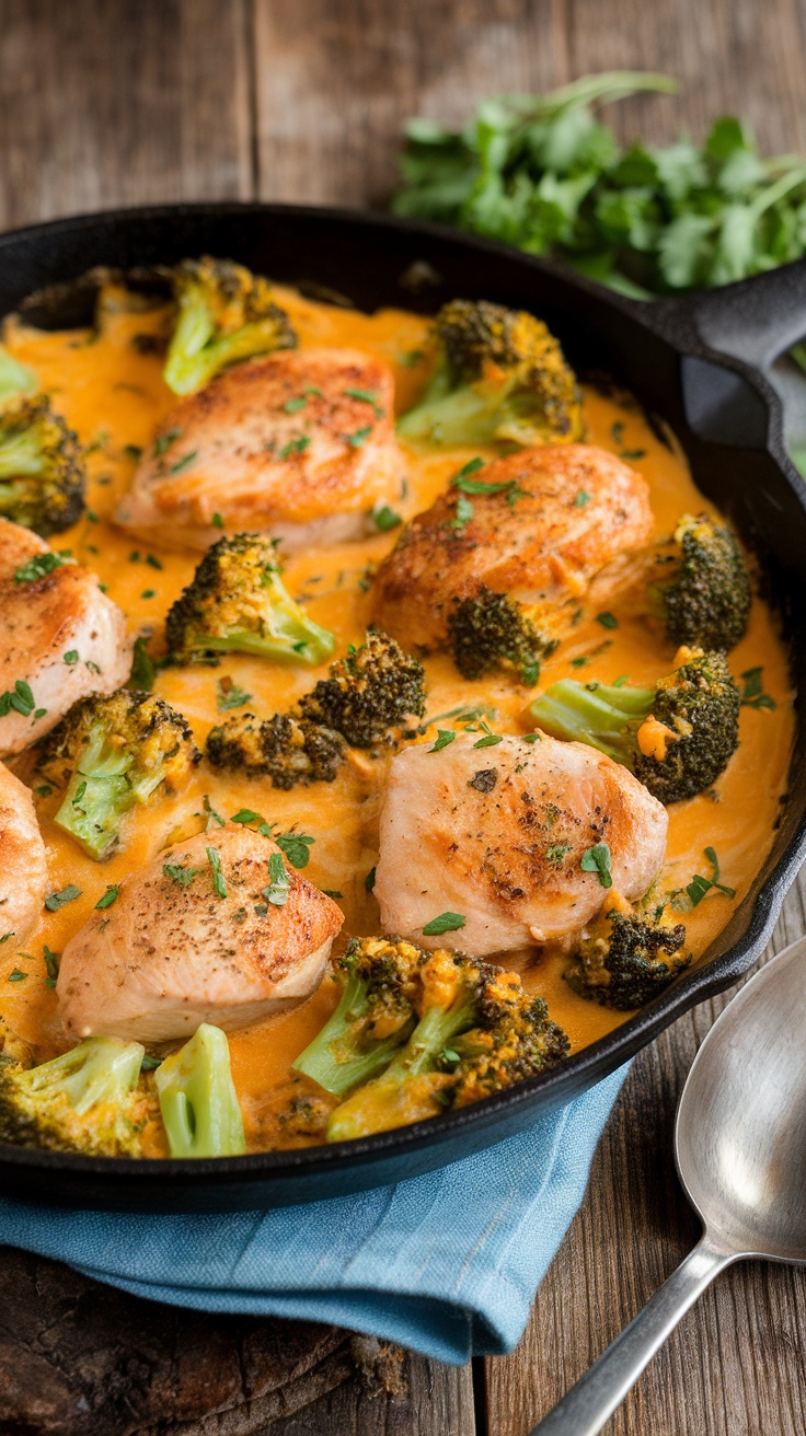 Cheesy Low Carb Chicken Broccoli Skillet A creamy chicken broccoli skillet with chicken pieces and broccoli in a cheesy sauce on a wooden table.