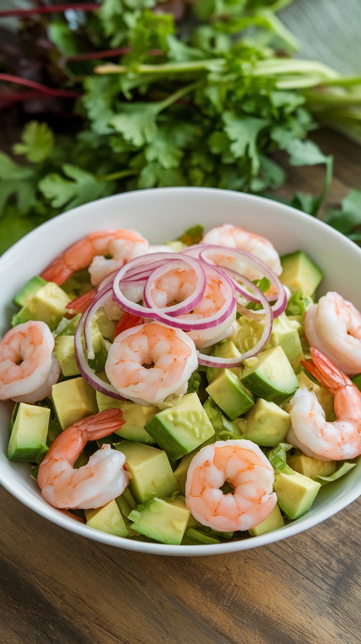 A colorful shrimp and avocado salad with cucumber and red onion, drizzled with lemon vinaigrette, on a rustic wooden table.