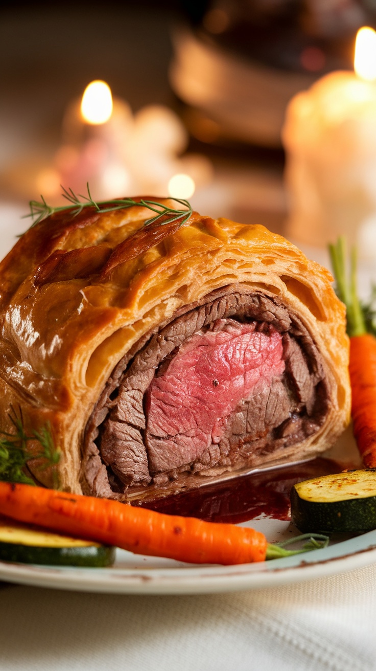 A slice of Beef Wellington on a plate with roasted vegetables and red wine sauce, set in a romantic dining atmosphere.