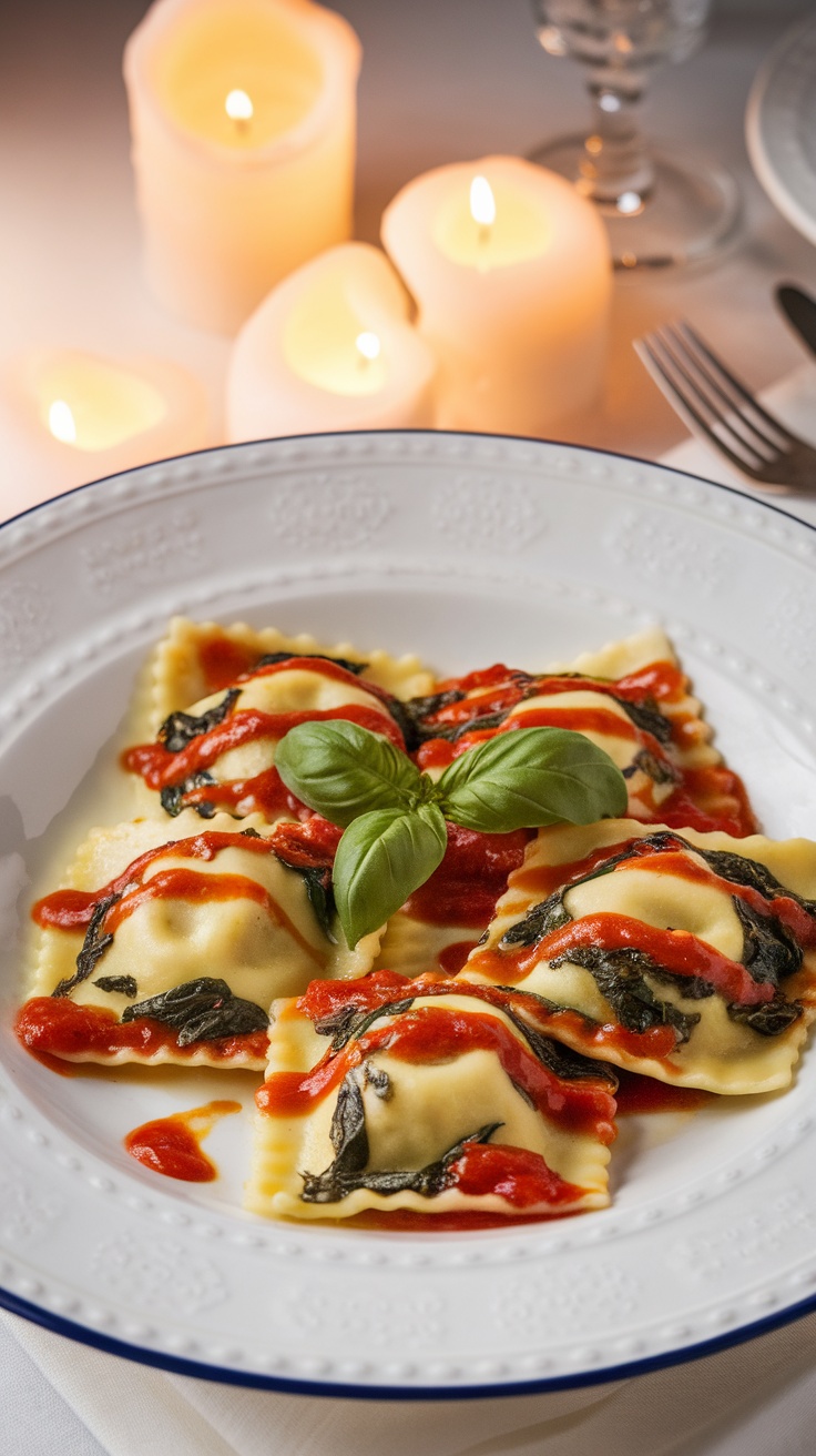 Spinach and Ricotta Cheese Ravioli with Tomato Cream Sauce A plate of spinach and ricotta ravioli in tomato cream sauce, garnished with basil, on a romantic table setting.